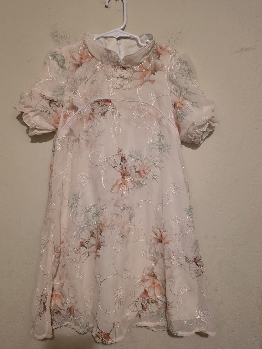 Girls A-Line Floral Organza Embroidered Puff Sleeve Collared Dress Size 6
